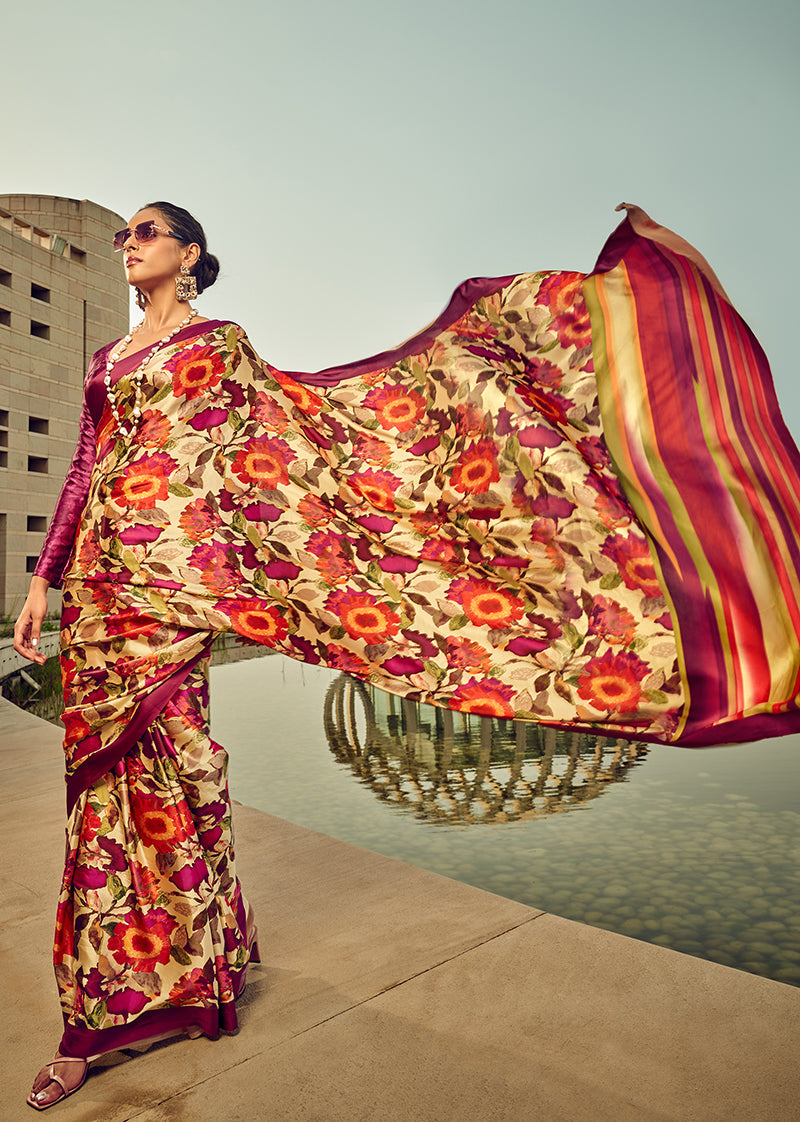 Digital floral print satin saree in beige, maroon, and orange