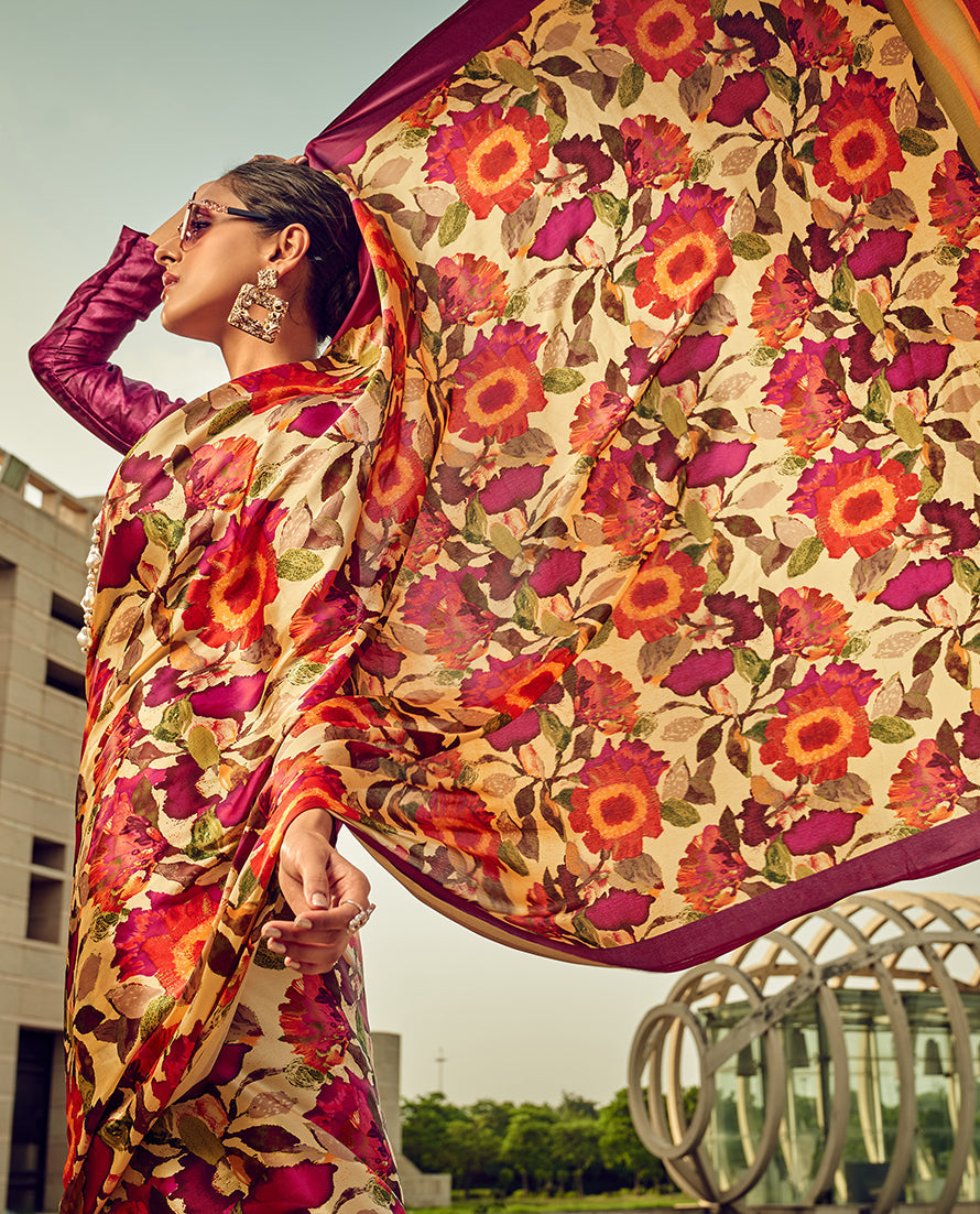 Floral Digital Print Satin Saree in Beige Maroon and Orange