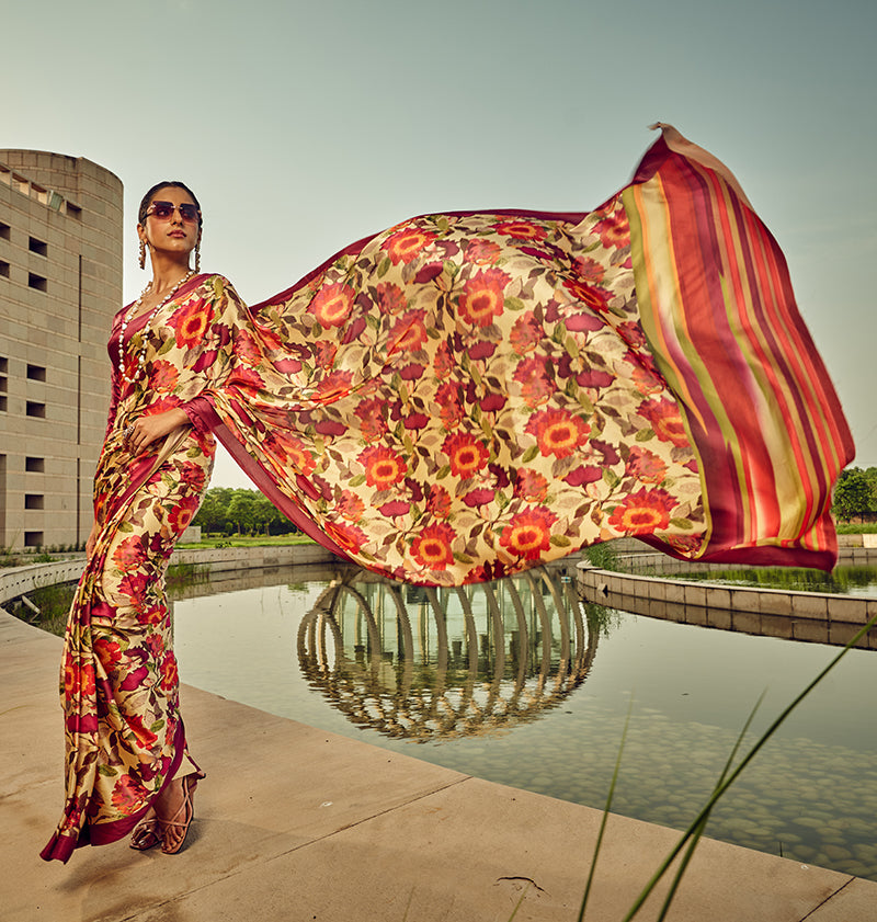 Floral Digital Print Satin Saree in Beige Maroon and Orange