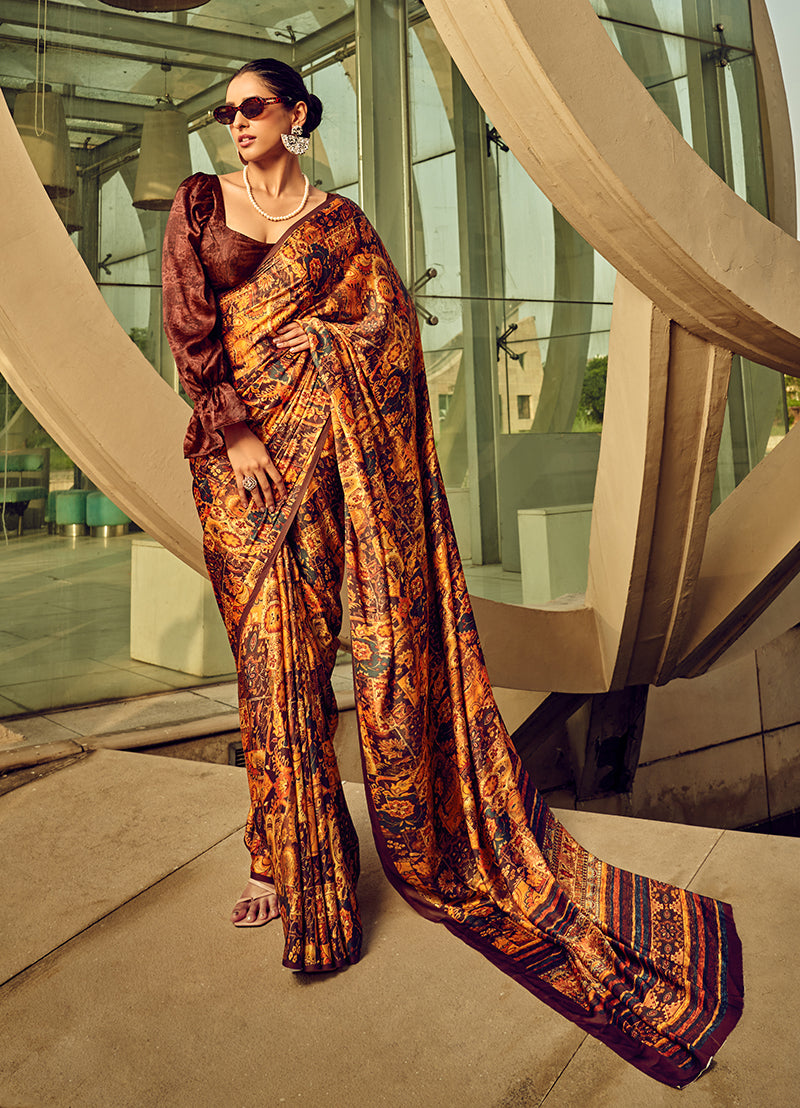 Monjolika Fashion multicolor digital print satin saree in burnt orange and espresso brown