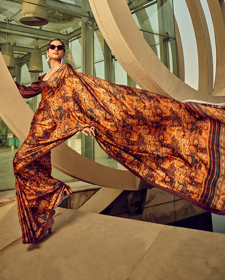 Multicolor Digital Print Satin Saree in Burnt Orange and Brown