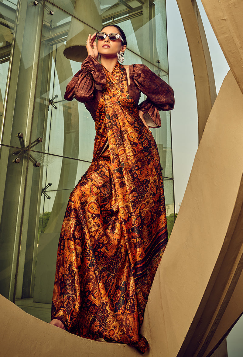 Multicolor Digital Print Satin Saree in Burnt Orange and Brown