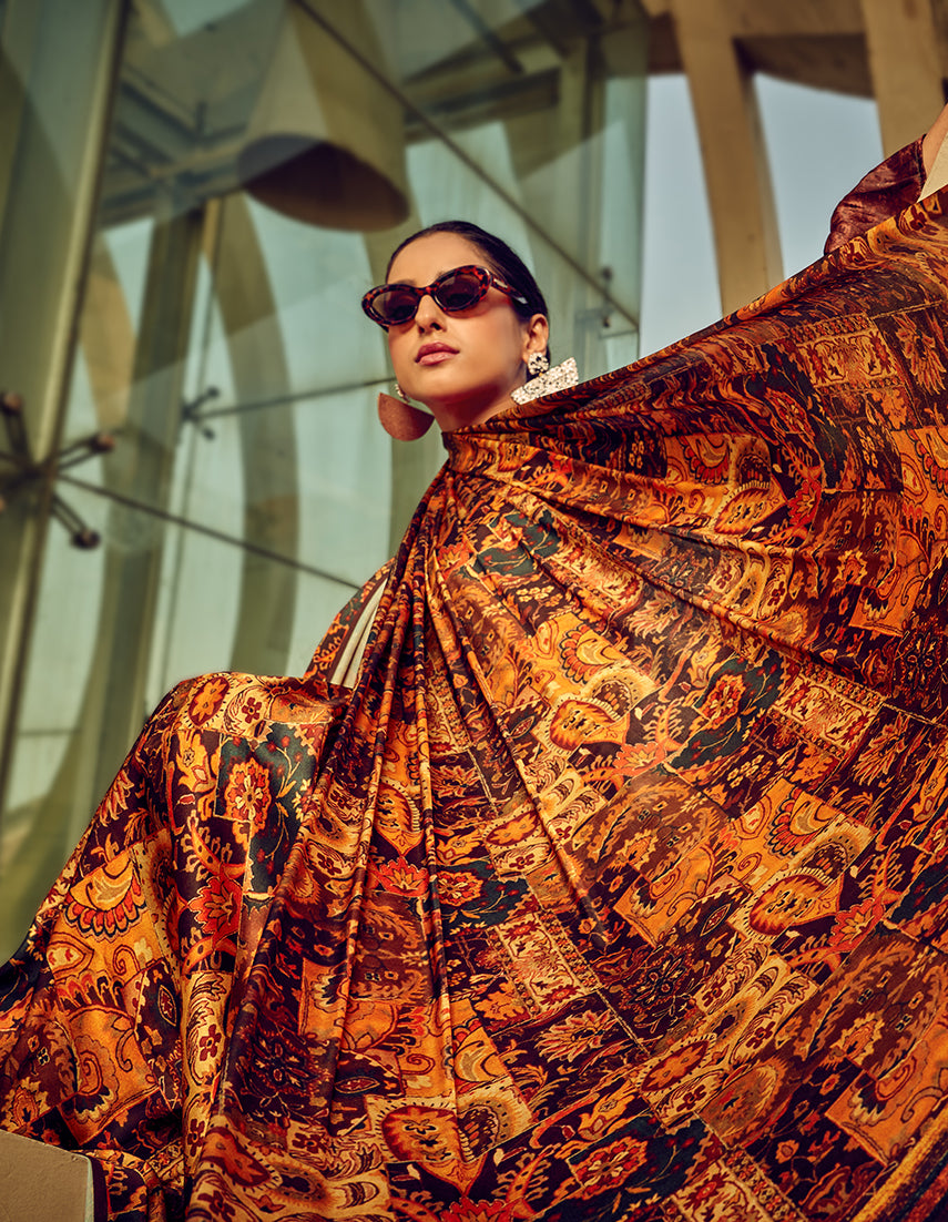 Multicolor Digital Print Satin Saree in Burnt Orange and Brown