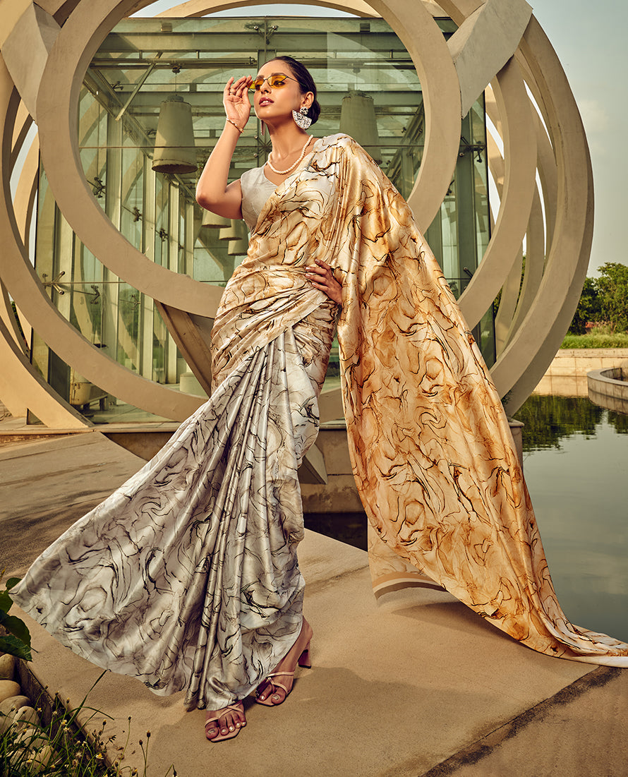Off White and Beige digital printed satin saree with a glossy finish