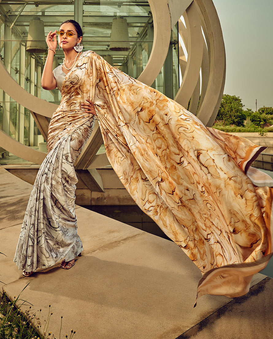 Off White & Beige Digital Print Satin Trendy Saree