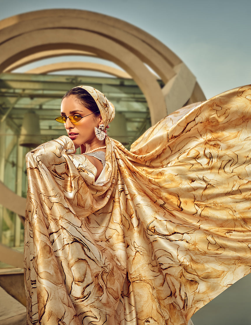 Off White & Beige Digital Print Satin Trendy Saree