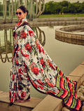 Off white and red digital printed satin saree with trendy design