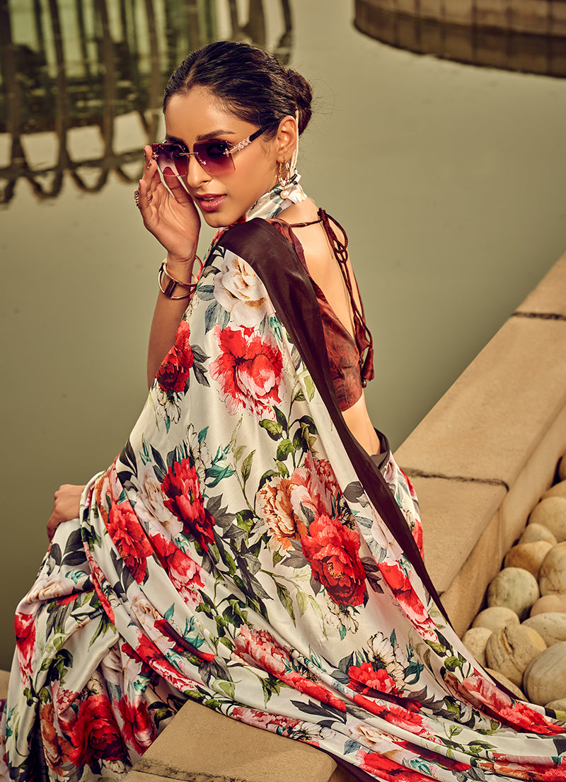 Off White and Red Digital Print Satin Trendy Saree
