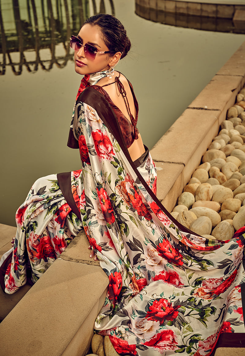 Off White and Red Digital Print Satin Trendy Saree
