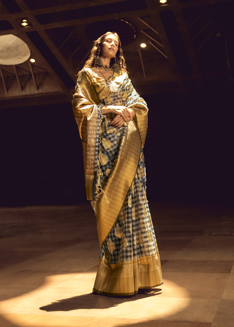 Black & Gold Organza Saree with Checks Weaving and Resham Border