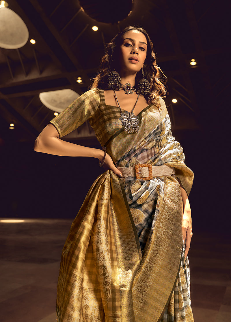 Black & Gold Organza Saree with Checks Weaving and Resham Border