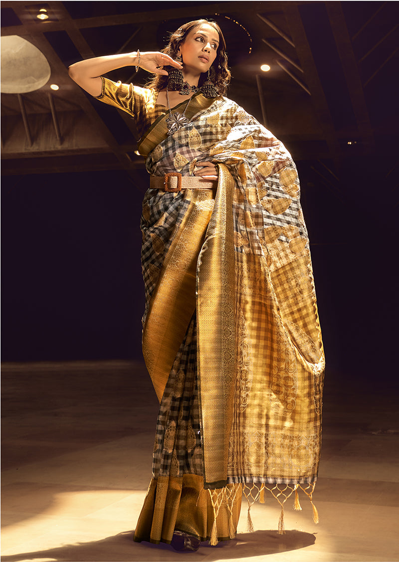 Black and Gold Organza Saree with checks print and resham border