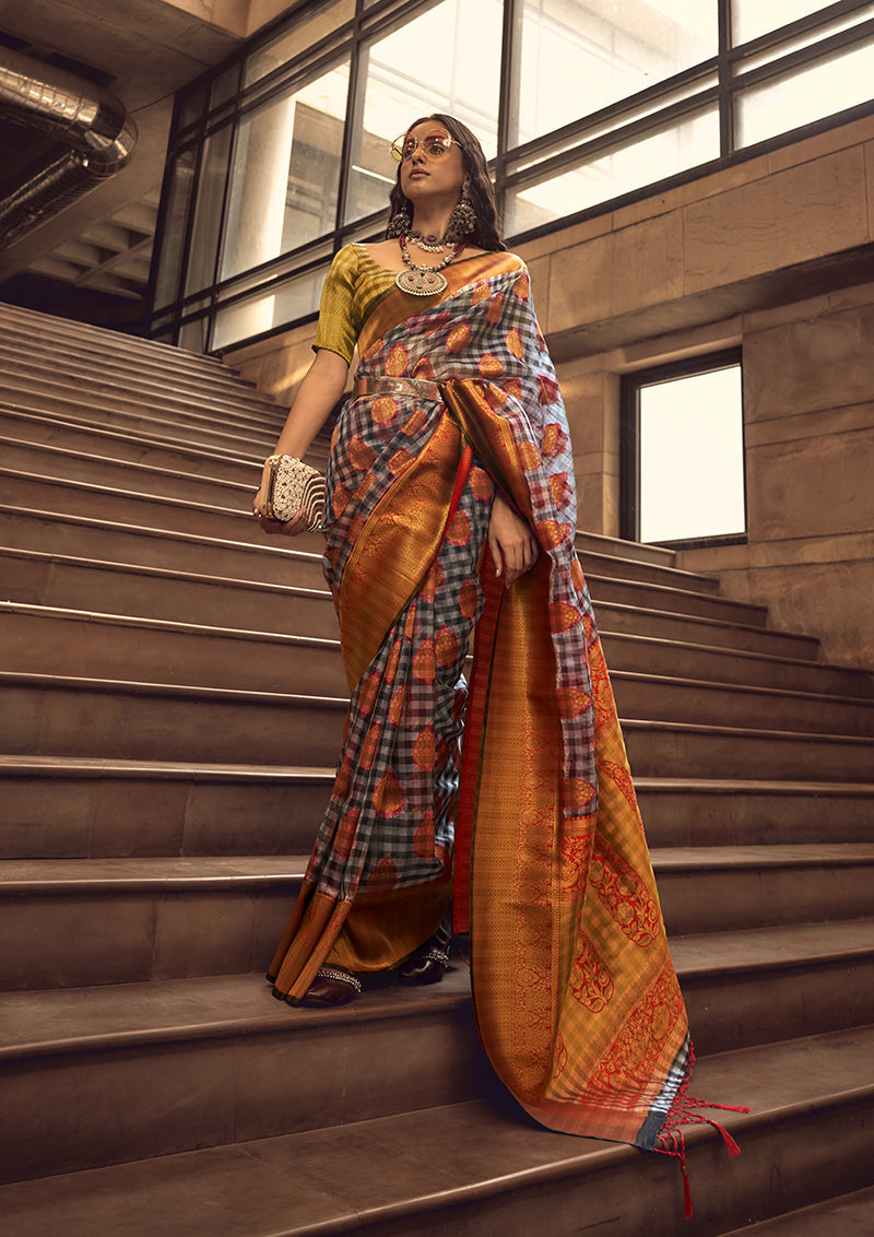 Black and Red Organza Checks Saree with Resham Border