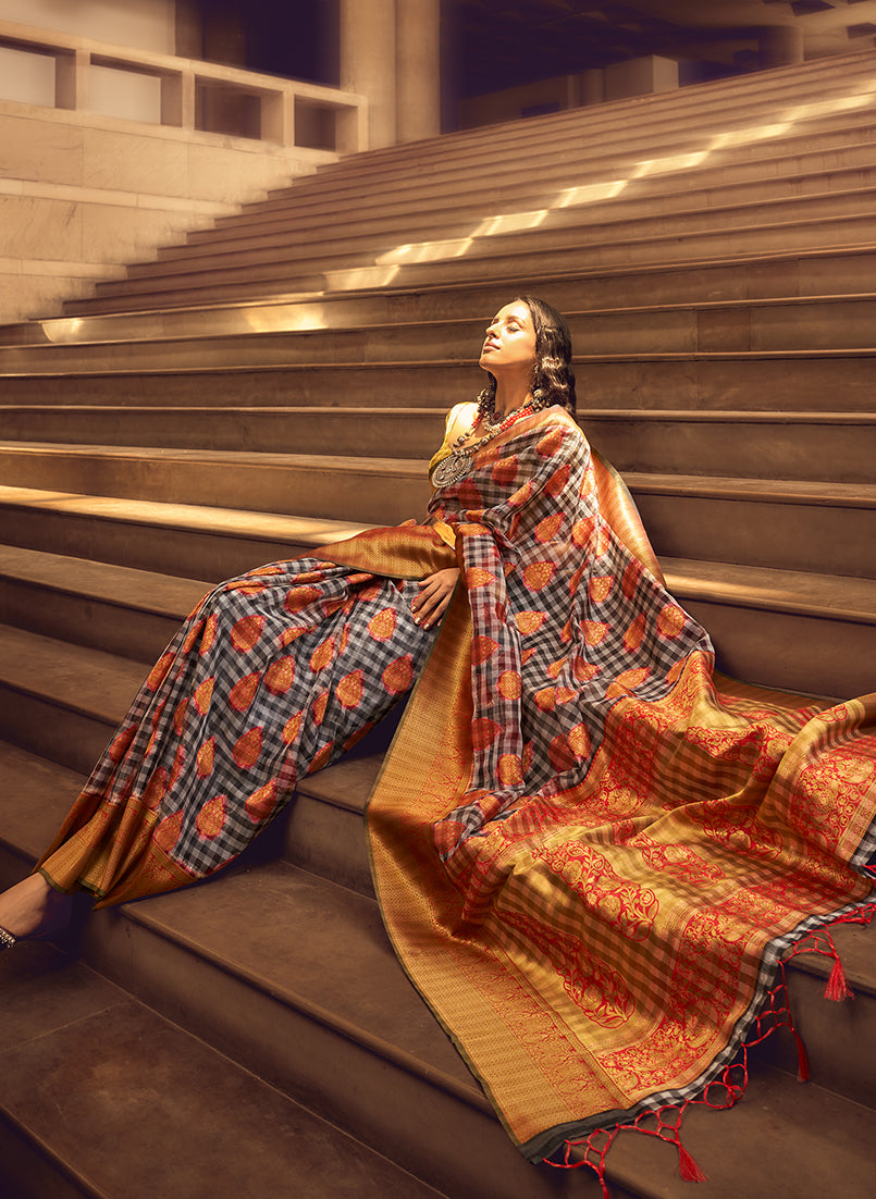 Black and Red Organza Checks Saree with Resham Border