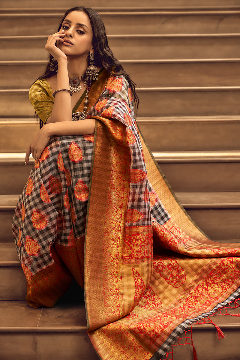 Black and Red Organza Checks Saree with Resham Border