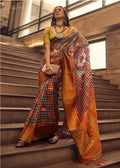 Black and red organza saree with checks print and resham woven border