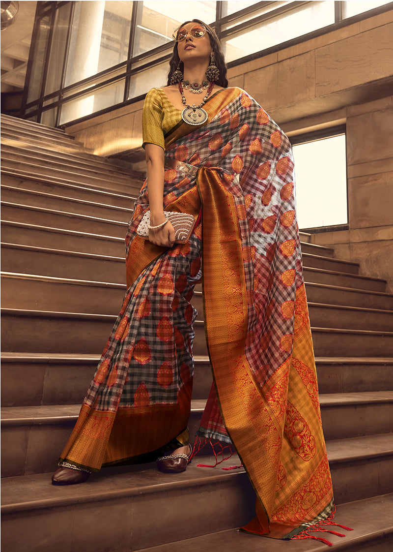 Black and red organza saree with checks print and resham woven border