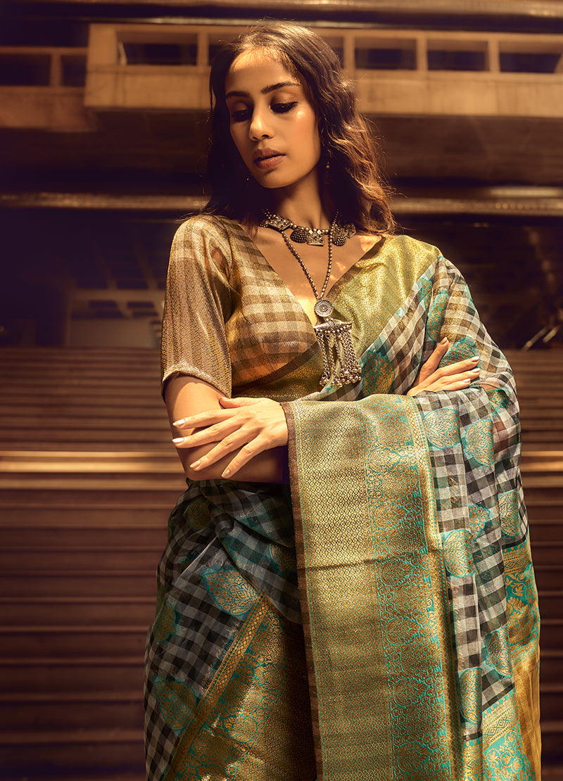 Monjolika Fashion Black & Cyan Colour Organza Weaving Checks Saree With Blouse