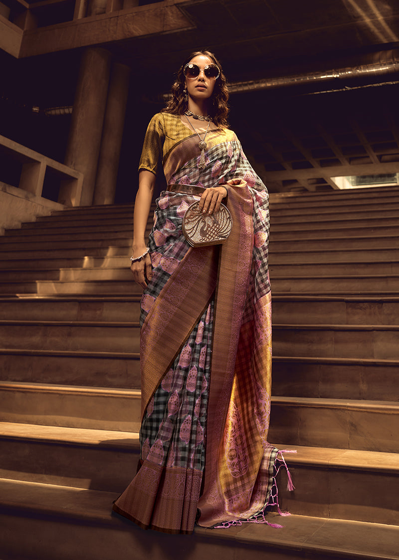 Black & Baby Pink Organza Checks Saree with Matching Blouse