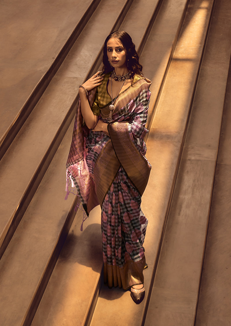 Black & Baby Pink Organza Checks Saree with Matching Blouse