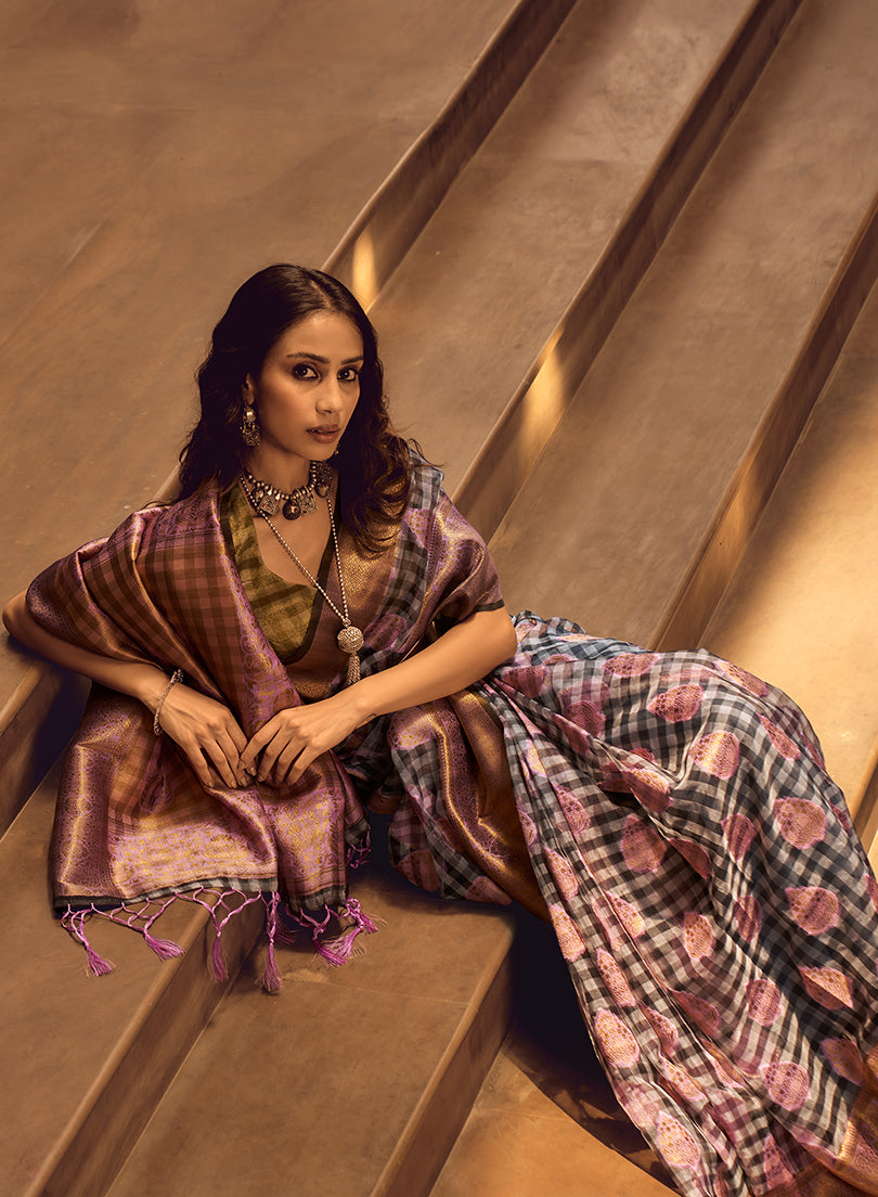 Black & Baby Pink Organza Checks Saree with Matching Blouse