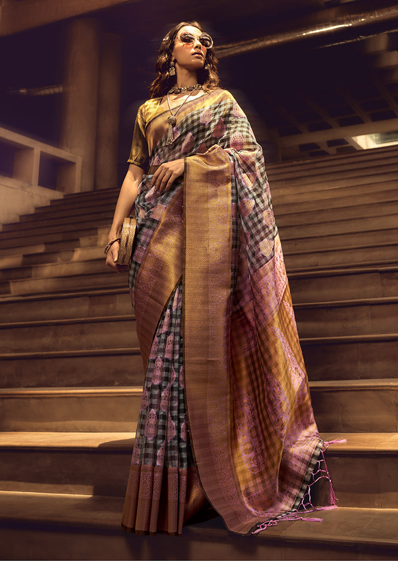 Black and baby pink organza saree with checkered pattern and resham woven border for girls