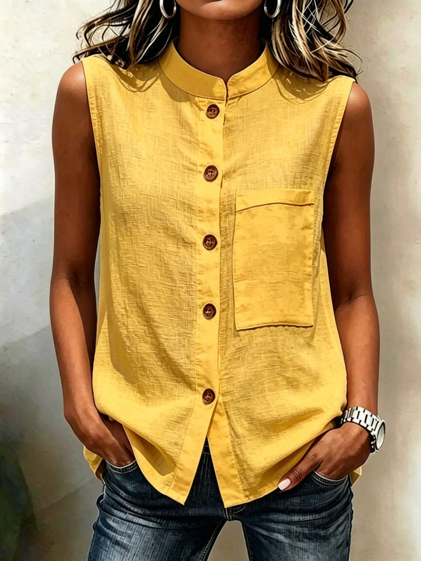Women's Sleeveless Button-Down Blouse with Chest Pocket - Image 10
