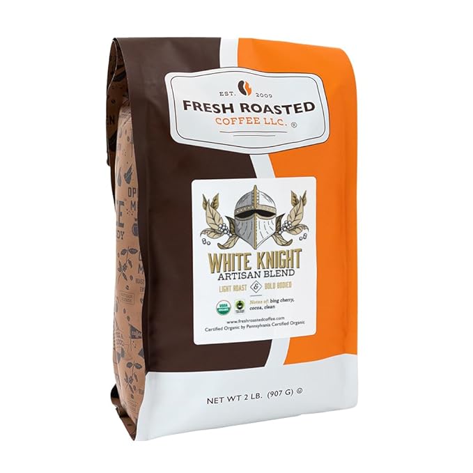 Fresh Roasted Coffee, Organic White Knight | USDA Organic, Kosher | Light Roast 2 lb (32 oz), Whole Bean