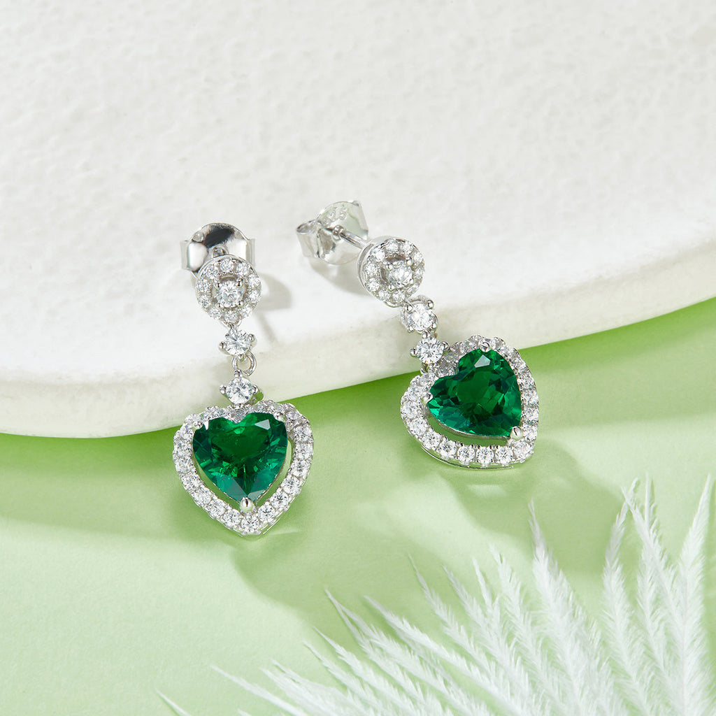S925 Silver 3.5g Lab-Created Emerald Heart Drop Earrings, 1.38ct 7mm Halo, Pair