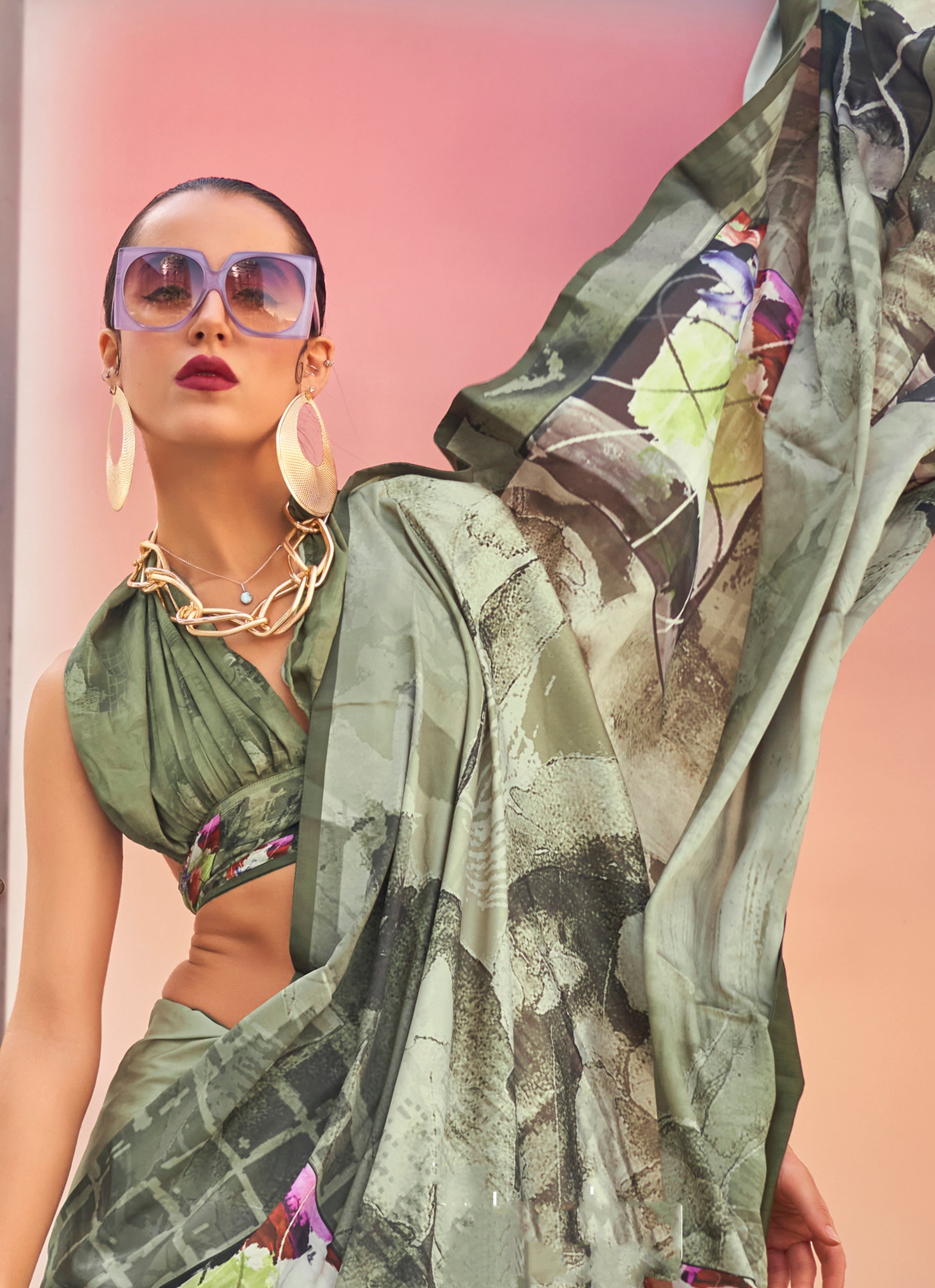 Light Olive Swiss Satin Printed Saree with Blouse