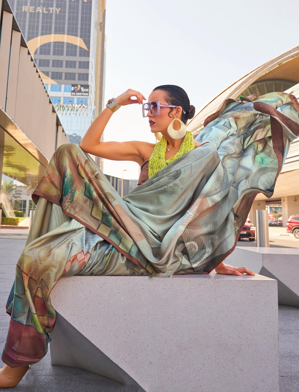 Grey Swiss Satin Printed Saree with Matching Blouse