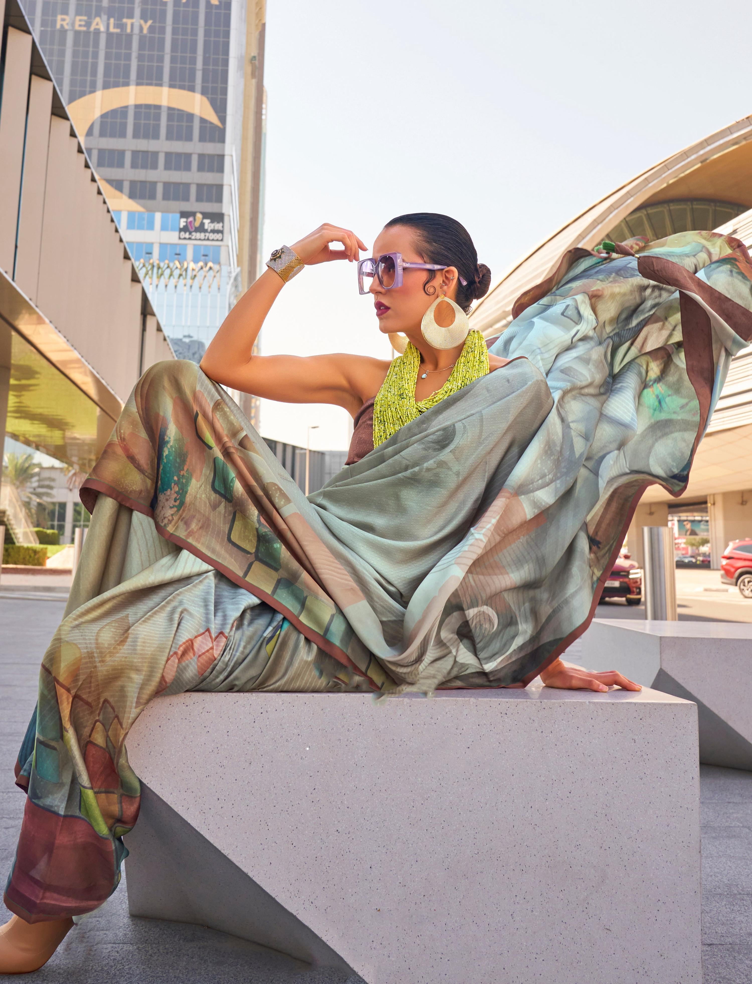 Grey Swiss Satin Printed Saree with Matching Blouse