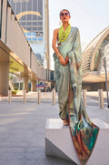 Grey Swiss satin printed saree with matching blouse