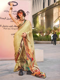 Monjolika Fashion Light Peach Color Swiss Satin Printed Saree With Blouse