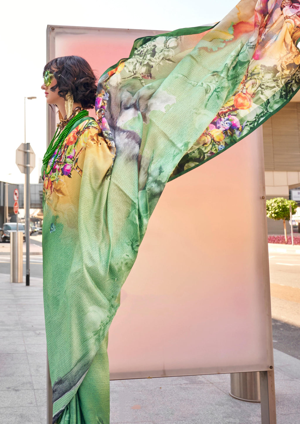 Sea Green Swiss Satin Printed Saree with Blouse