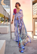 Light blue Swiss satin printed saree with matching blouse piece