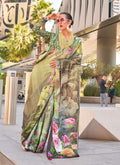 Light yellow printed swiss satin saree including a matching blouse piece