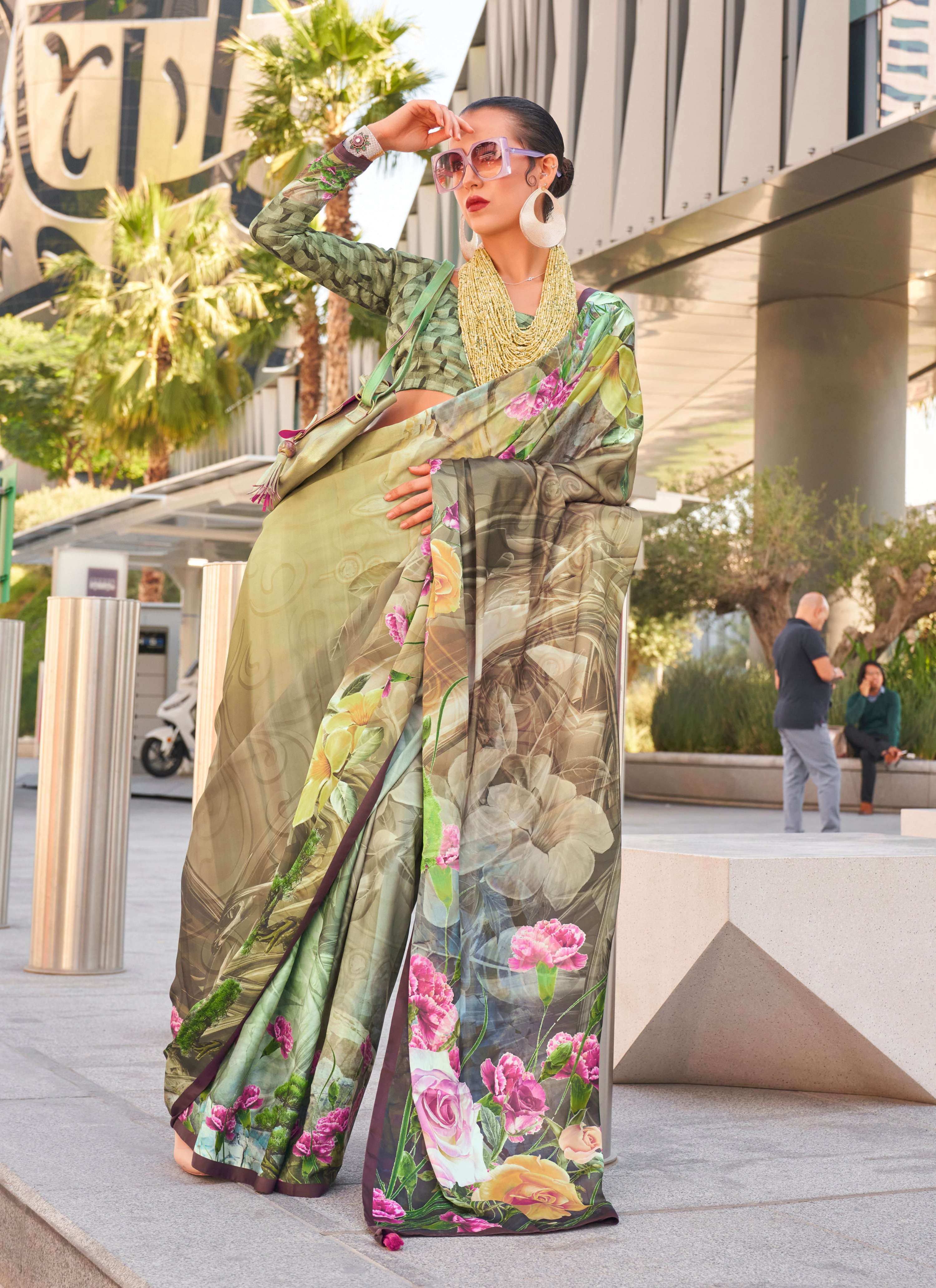 Light yellow printed swiss satin saree including a matching blouse piece