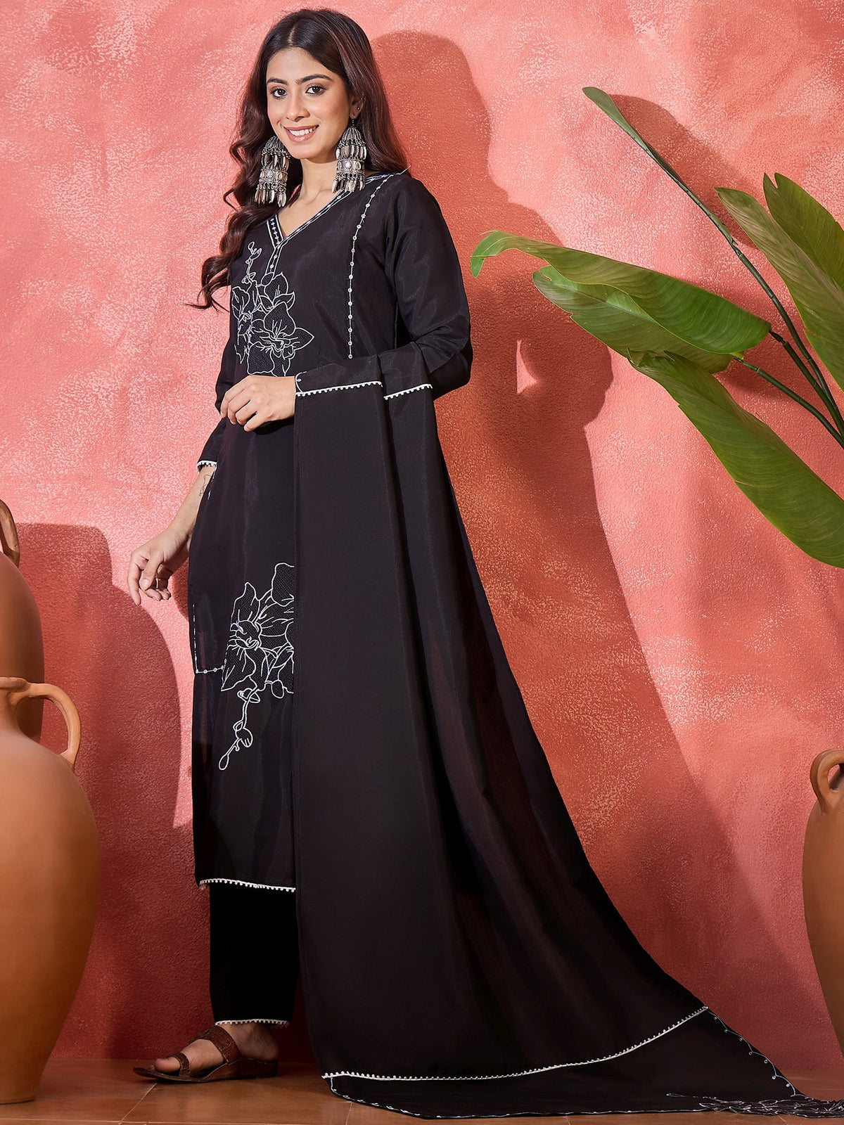 Black Silk Embroidered Readymade Kurta Set for Women