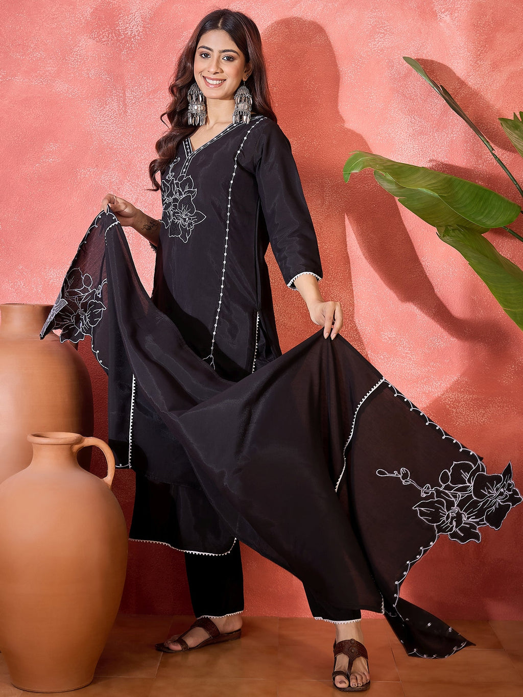 Black Silk Embroidered Readymade Kurta Set for Women