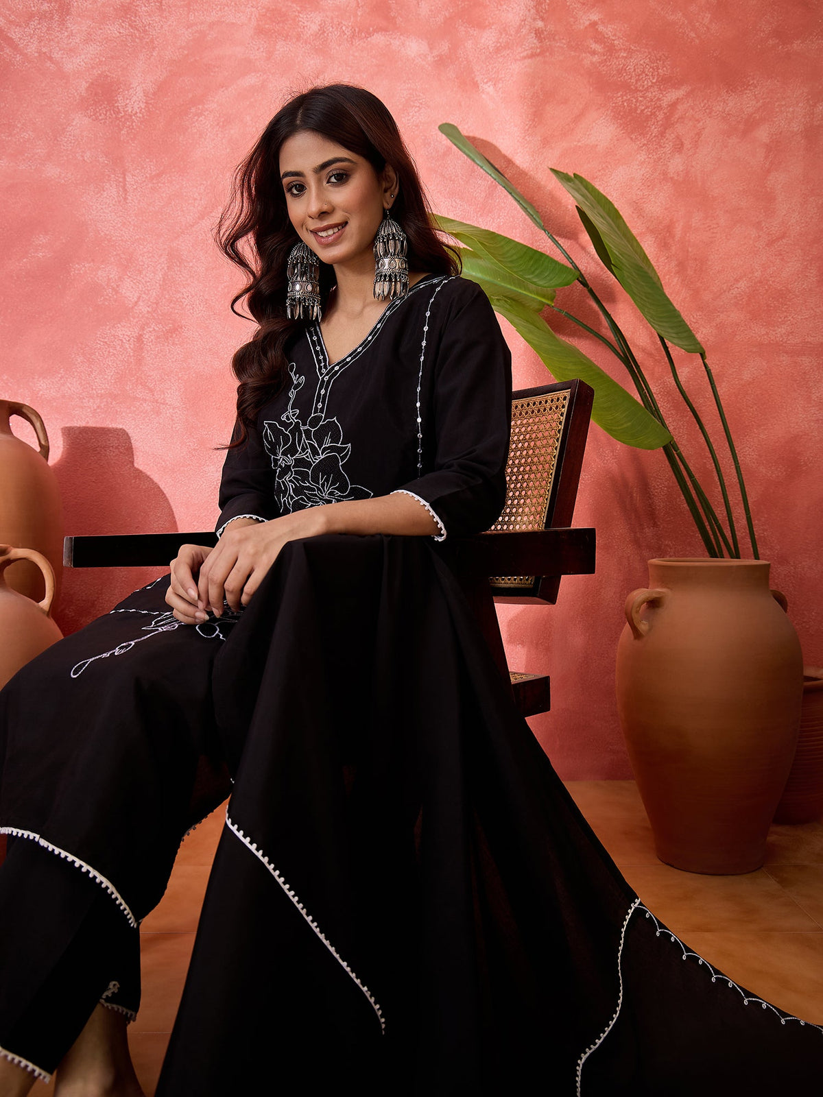 Black Silk Embroidered Readymade Kurta Set for Women
