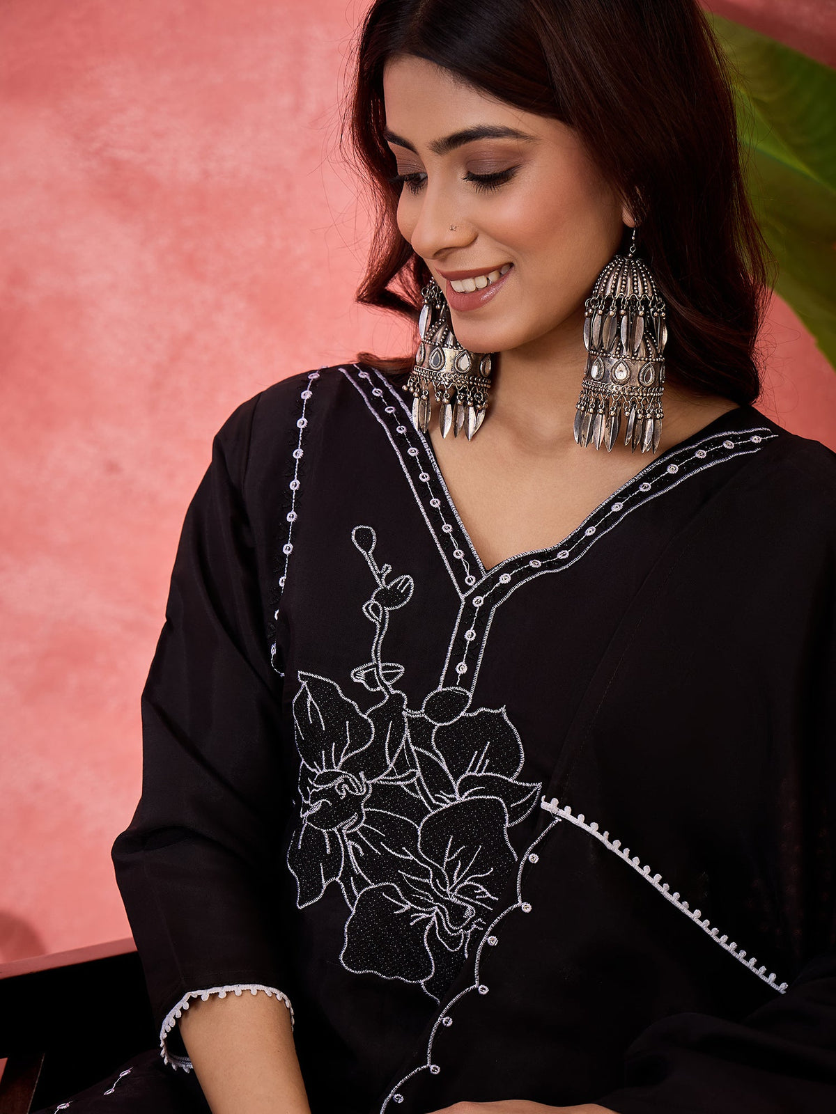 Black Silk Embroidered Readymade Kurta Set for Women