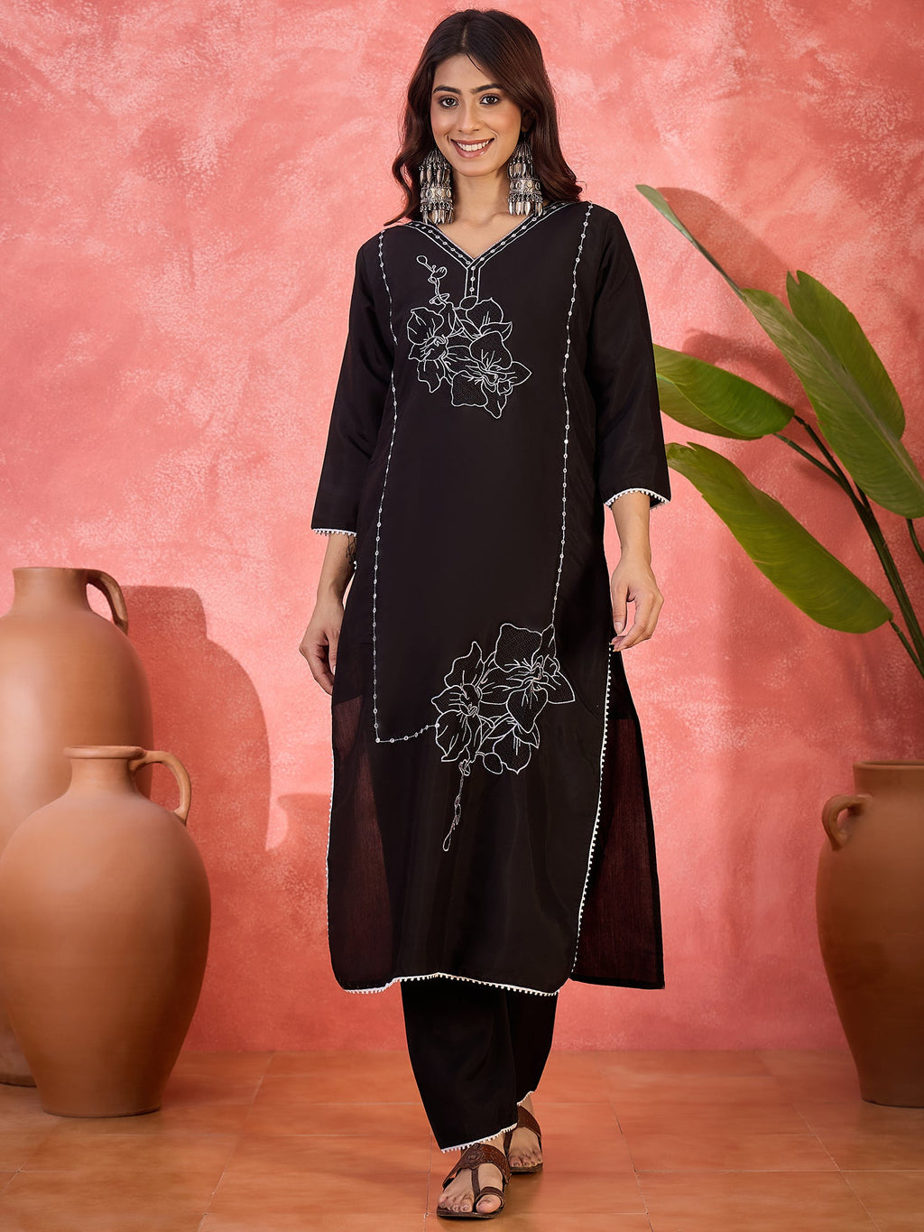 Black Silk Embroidered Readymade Kurta Set for Women