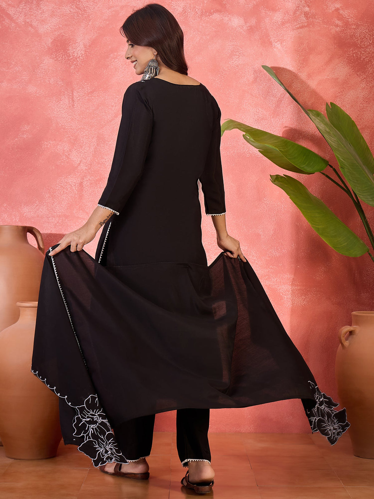 Black Silk Embroidered Readymade Kurta Set for Women