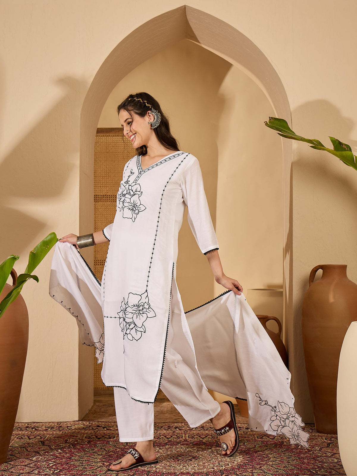 Women's White Silk Embroidered Readymade Kurta Set