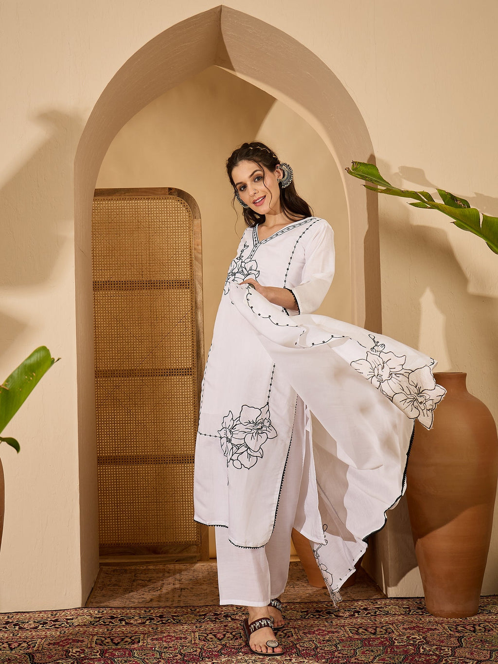 Women's White Silk Embroidered Readymade Kurta Set