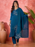 Women's Teal Silk Embroidered Readymade Kurta Set