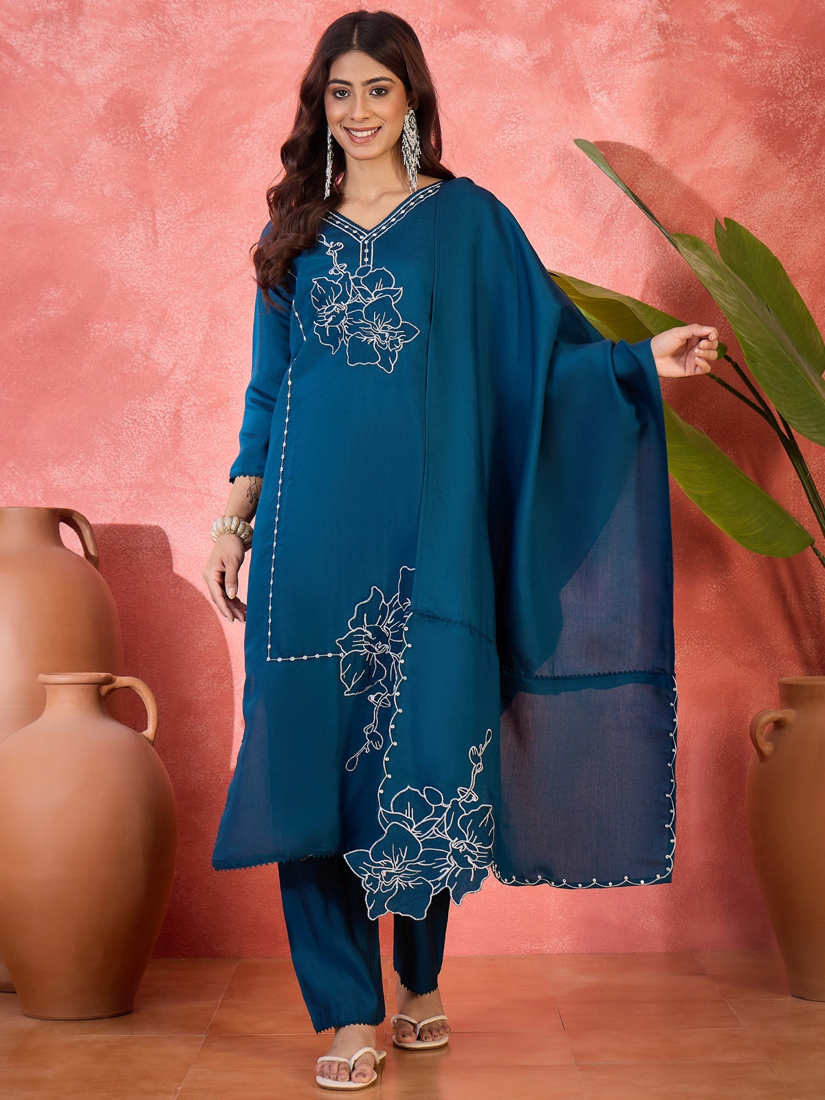 Women's Teal Silk Embroidered Readymade Kurta Set