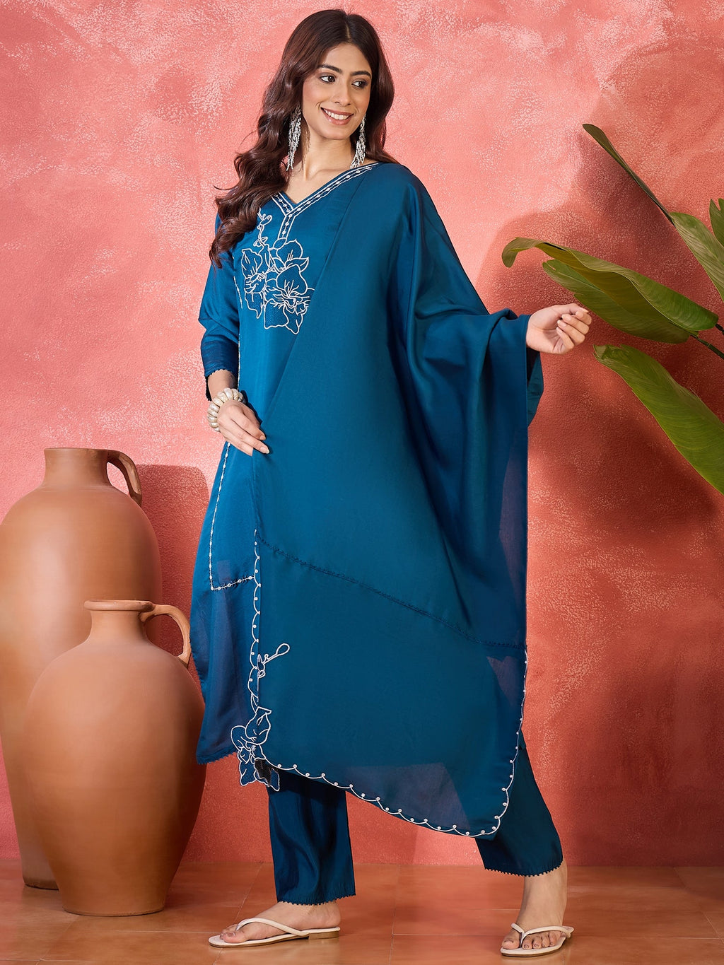 Elegant teal silk kurta set with embroidery for women