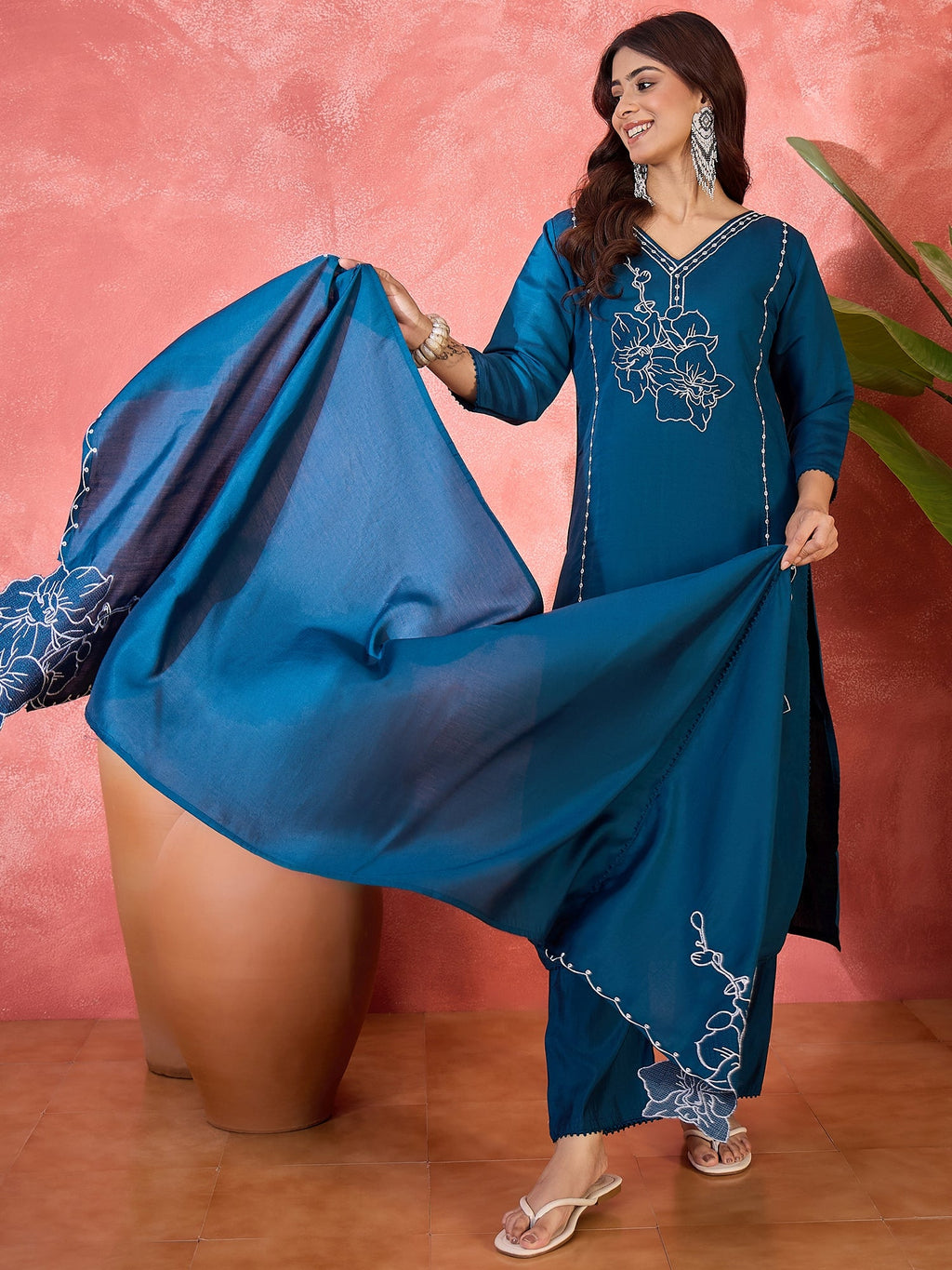 Women's Teal Silk Embroidered Readymade Kurta Set
